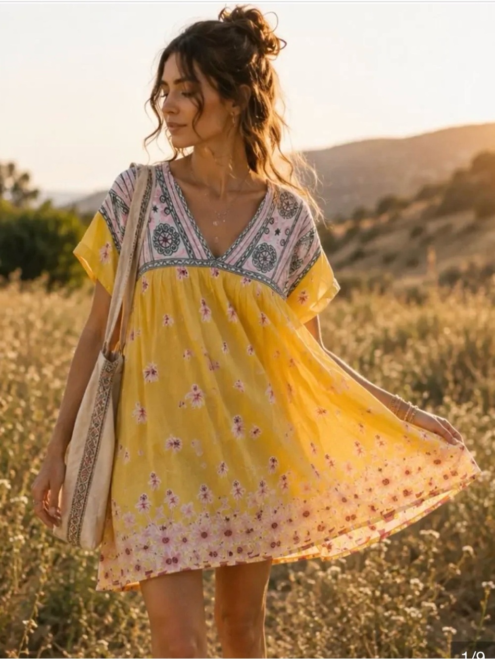FLOE Yellow Embroidered Boho Dress  Floral V-Neck size M